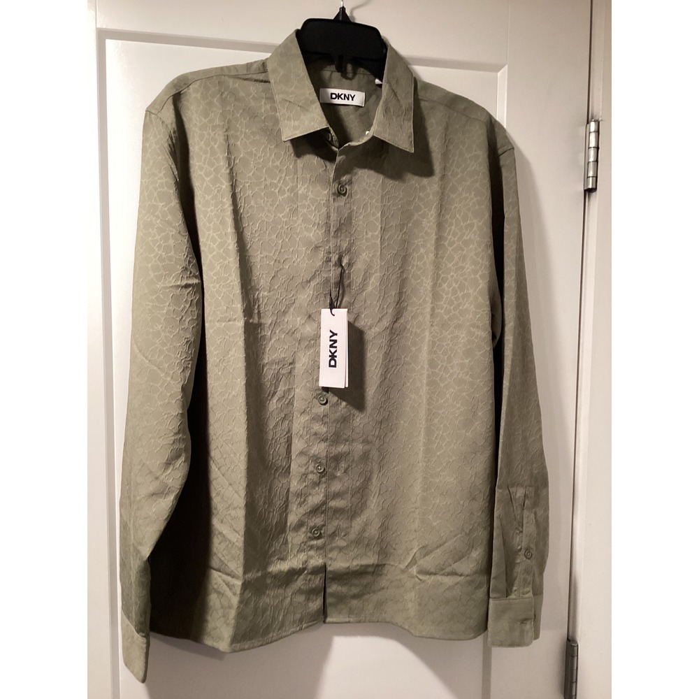 DKNY Mens Vetiver Green Textured Jacquard Long Sleeve Button Down Shirt M NEW